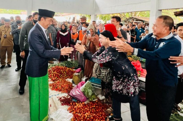 Presiden Joko Widodo (Jokowi) mengecek langsung harga-harga barang di Pasar Rakyat Tabalong, Provinsi Kalimantan Selatan, Jumat, 17 Maret 2023.