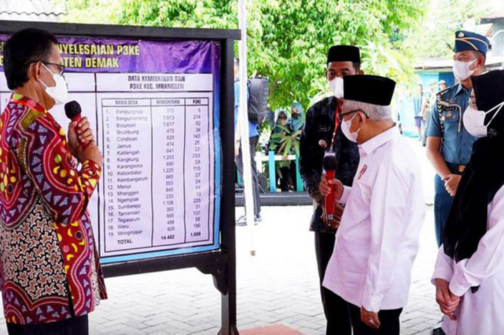 Wakil Presiden Ma'ruf Amin meninjau upaya penanganan kemiskinan ekstrem di Desa Kangkung, Kecamatan Mranggen, Demak, Jawa Tengah, Selasa, 4 April 2023. Desa Kangkung merupakan satu dari lima desa di Kecamatan Mranggen yang menjadi lokus prioritas penanggulangan kemiskinan ekstrem.