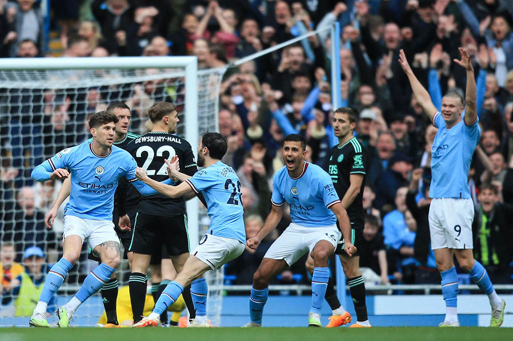 Erling Haaland mencetak dua gol saat Manchester City tekuk Leicester City 3-1 dalam matchday ke-30 Liga Inggris di Etihad Stadium pada Sabtu, 15 April 2023 malam WIB.
