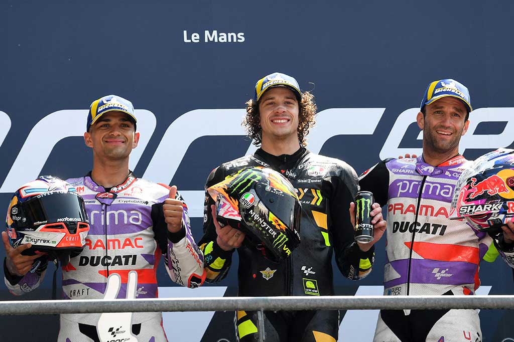 Di posisi kedua dan ketiga diisi oleh dua pembalap Pramac Ducati Jorge Martin dan Johann Zarco. Jorge Martin mencatatkan waktu selisih 4,256 detik dari Bezzecchi, sementara Johann selisih 4,795 detik.