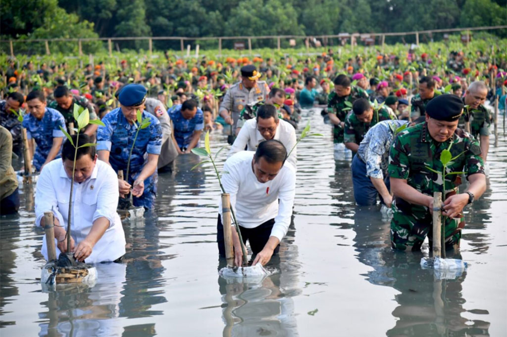 Selain para pejabat, sekitar 1.000 orang pasukan dari ketiga matra, para anggota pramuka, dan anggota Yayasan Budha Tzu Chi juga ikut menanam mangrove.