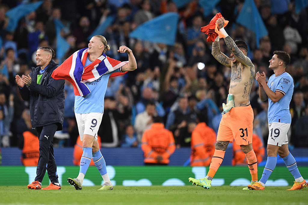Para pemain Manchester City melakukan selebrasi usai memastikan diri melaju ke babak final Liga Champions. City melaju berkat kemenangan telak 4-0 atas Real Madrid.