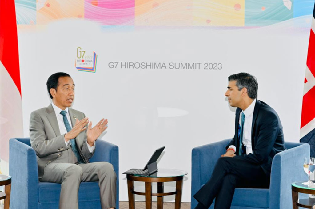 Presiden RI Joko Widodo menyampaikan apresiasi atas realisasi sejumlah proyek energi baru terbarukan (EBT) saat melakukan pertemuan bilateral dengan Perdana Menteri Inggris Rishi Sunak di Hotel Grand Prince, Hiroshima, Jepang, Sabtu, 20 Mei 2023.