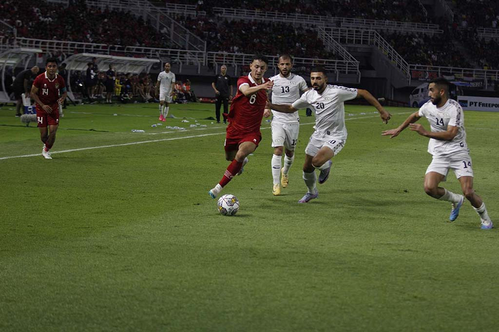 Timnas Indonesia bermain imbang tanpa gol melawan Palestina pada pertandingan FIFA Matchday di Stadion Gelora Bung Tomo (GBT) Surabaya, Rabu, 14 Juni 2023 malam.