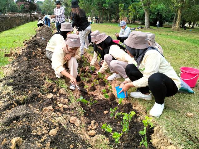 Antusiasme mahasiswa dan mahasiswi menanam di Kawasan Percandian Muarajambi.