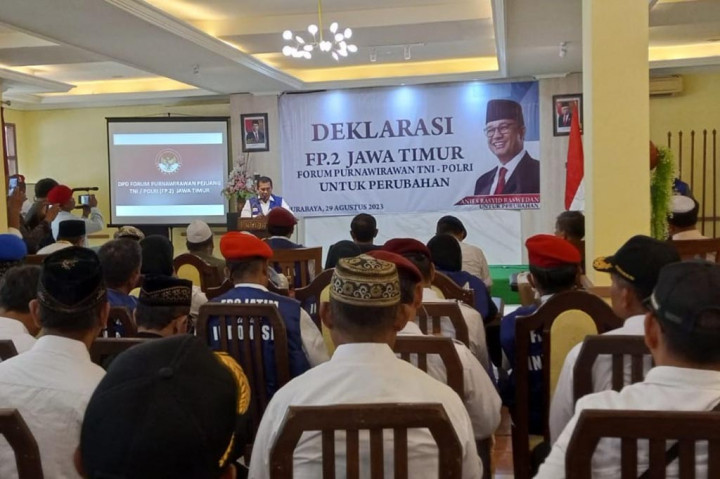 Forum Purnawirawan TNI-Polri untuk Perubahan (FP2) Jatim mendeklarasikan dukungannya pada Anies Rasyid Baswedan sebagai calon presiden pada Pemilu 2024 mendatang.