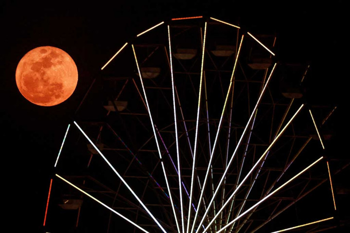 Super Blue Moon muncul di belakang bianglala yang terletak di Stokes Hill Wharf di ibu kota Northern Territory, Darwin, Kamis, 31 Agustus 2023. AFP PHOTO/David Grey