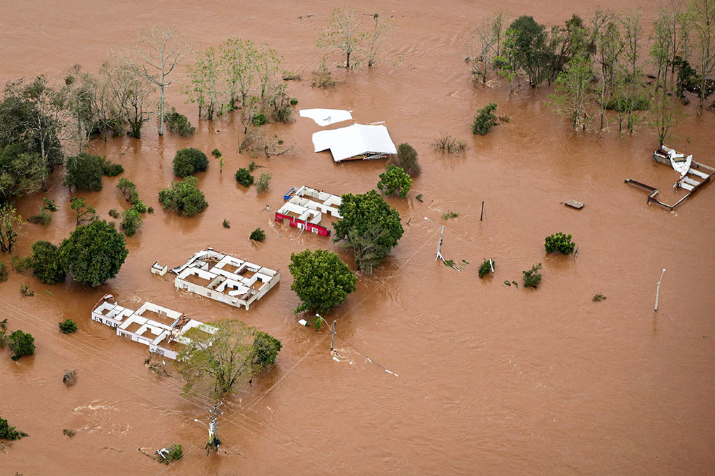 Pemandangan udara dari daerah yang terkena dampak topan ekstratropis di Muçum, Negara Bagian Rio Grande do Sul, Brasil, diambil pada Selasa, 5 September 2023.