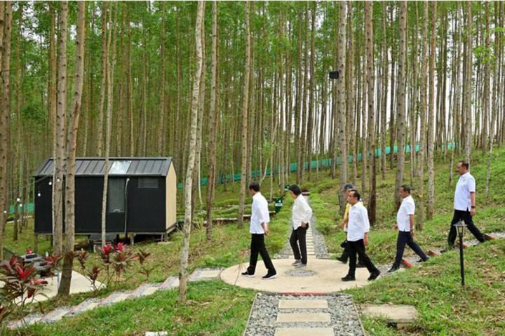 Jokowi yang mengenakan kemeja putih lengan panjang tampak mengamati sejumlah infrastruktur yang tengah dibangun IKN, seperti Istana Negara dan Kantor Presiden.