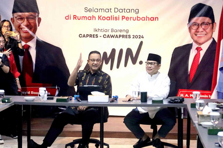 Bakal calon presiden (Bacapres) dan bakal calon wakil presiden (bacawapres) dari Koalisi Perubahan untuk Persatuan (KPP) mengumumkan terbentuknya tim pemenangan yang bernama Badan Pekerja Anies-Imin atau disingkat Baja AMIN di Kebayoran Baru, Jakarta Selatan, Jumat, 22 September 2023.