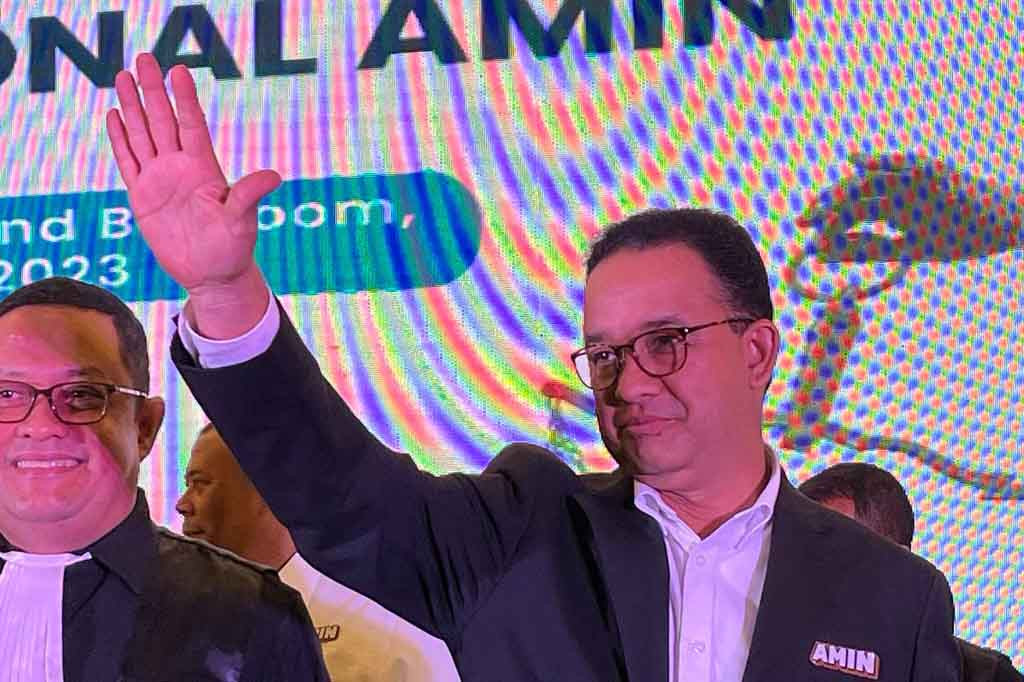 Calon presiden nomor urut satu Anies Baswedan dan calon wakil presiden nomor urut satu Muhaimin Iskandar alias Cak Imin (AMIN) menyambangi deklarasi tim hukum nasional hari ini, 27 November 2023. Kegiatan itu dilaksanakan di Swasana Grand Ballroom, Lippo Kuningan, Jakarta Selatan.