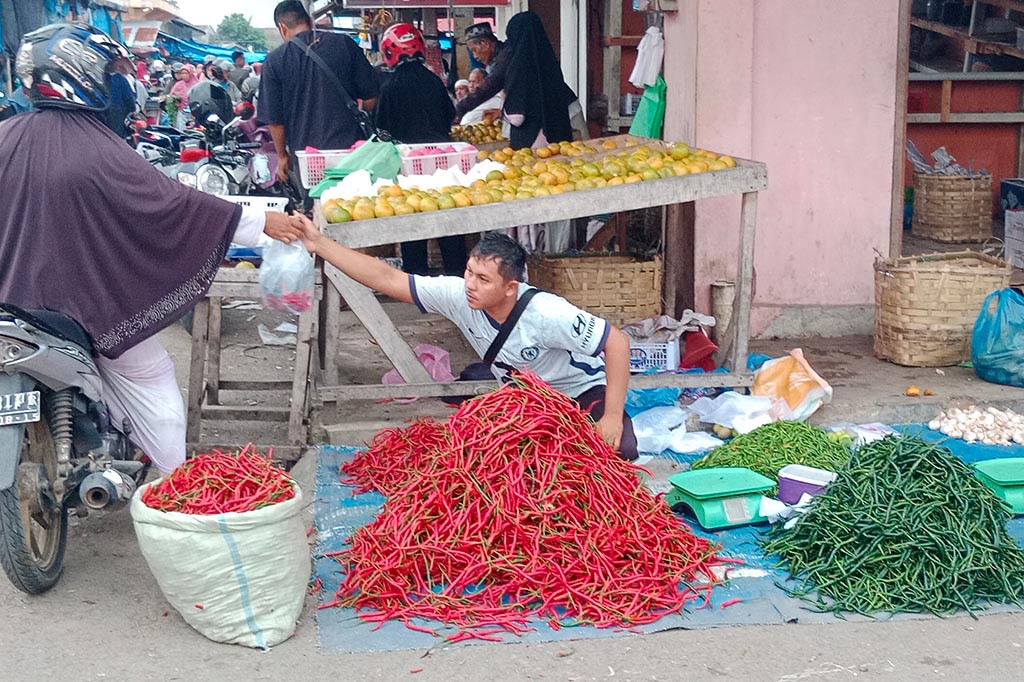 Amatan Media Indonesia pada hari Rabu, 20 Desember 2023 di pusat pasar sayur Pante Teungoh, Kota Sigli, Ibukota Kabupaten Pidie, Provinsi Aceh misalnya, harga cabai merah kwalitas super dari dua pekan lalu Rp50.000 per kg (kilogram), kini turun menjadi Rp32.000 per kg. Cabai merah kwalitas sedang dari sebelumnya Rp45.000 per kg, sekarang turun menjadi Rp30.000 per kg.