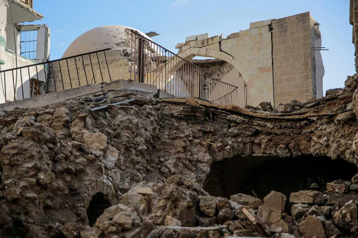 Pusat Warisan Palestina Reyad El-Alami, sebuah rumah berusia 430 tahun di Lingkungan Daraj Kota Tua Gaza, rusak akibat pemboman Israel.