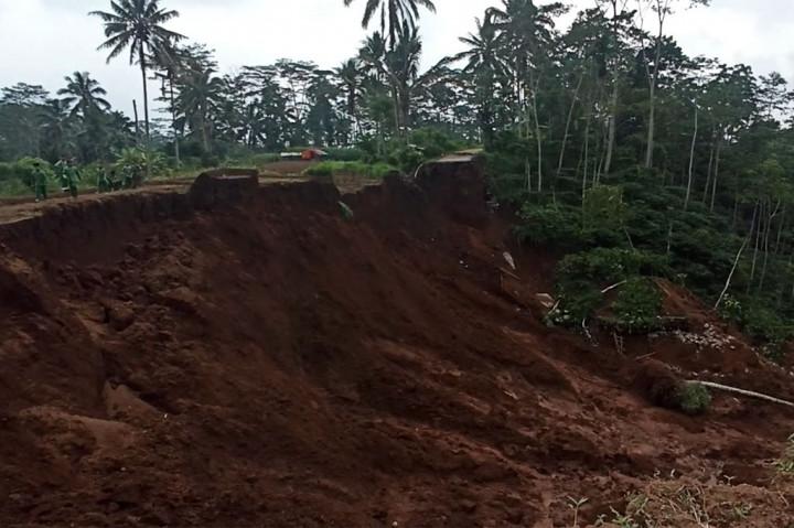 Diduga longsor terjadi akibat sandaran jalan tidak kuat menahan genangan air di persawahan, karena diguyur hujan selama beberapa hari. Selain memutus akses jalan, tanah longsor tersebut juga merusak kebun dan juga sawah milik warga di bawahnya.