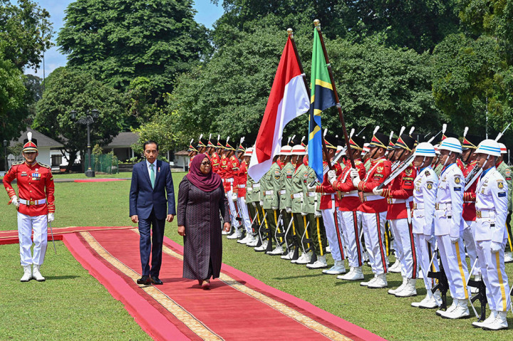 Agenda pertemuan tersebut dimulai dengan upacara penyambutan Presiden Samia beserta rombongan di halaman depan Istana Presiden sekitar pukul 10.30 WIB dengan memperdengarkan lagu kebangsaan dari masing-masing negara.