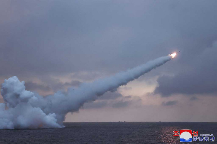 Dua rudal Pulhwasal-3-31 terbang di langit di atas Laut Timur untuk mencapai sasaran pulau pada hari Minggu, 28 Januari 2024, kantor berita pemerintah KCNA melaporkan, menambahkan bahwa Kim Jong Un telah 'memandu' peluncuran tersebut.