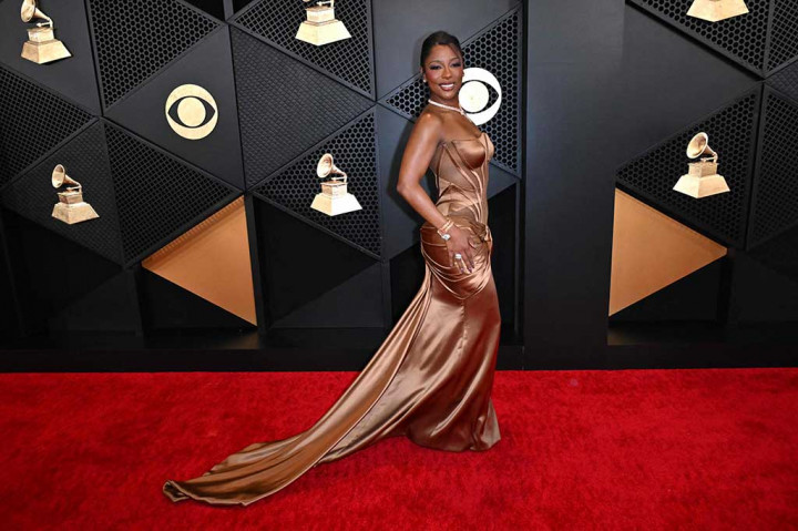 Dan Victoria Monet, yang memenangkan tiga Grammy termasuk penghargaan Artis Pendatang Baru Terbaik yang didambakan, tampil memukau dalam gaun korset Versace berwarna tembaga dengan kereta api, sebuah tren yang terlihat di beberapa karpet merah musim ini.