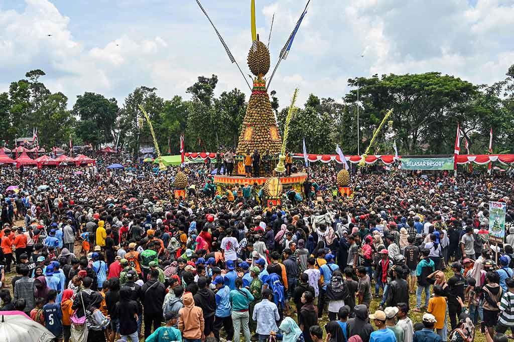 Ribuan warga berlomba berebut durian pada tradisi sykuran petani lereng Gunung Anjasmoro, Wonosalam, Jombang, Jawa Timur, Minggu, 3 Maret 2024.