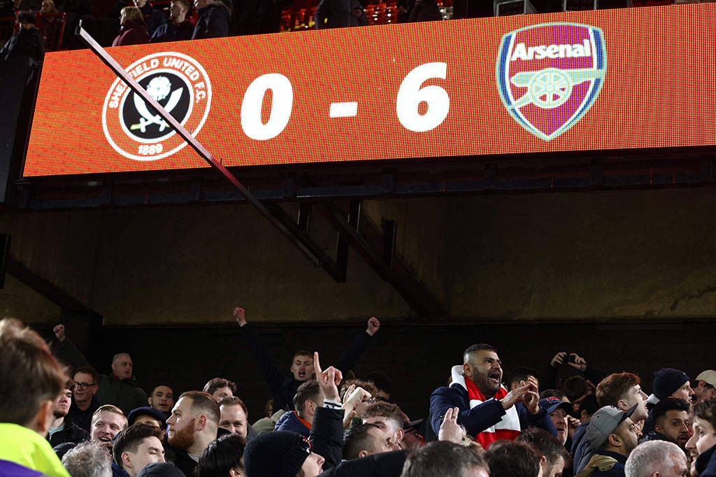 Arsenal berpesta enam gol ke gawang Sheffield United pada pertandingan Liga Inggris di Stadion Bramall Lane, Sheffield, Selasa, 5 Maret 2024 dini hari WIB.
