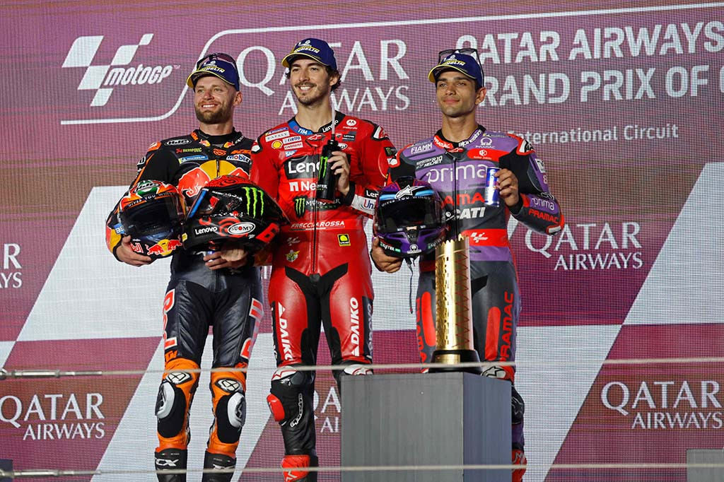 Bagnaia unggul 1,329 detik dari Brad Binder (Red Bull KTM) dan 1,933 detik dari runnerup MotoGP 2023 Jorge Martin (Prima Pramac).