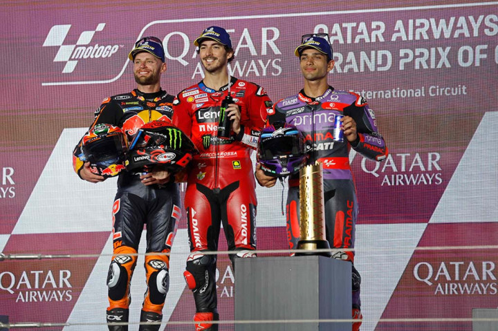 Bagnaia unggul 1,329 detik dari Brad Binder (Red Bull KTM) dan 1,933 detik dari runnerup MotoGP 2023 Jorge Martin (Prima Pramac).