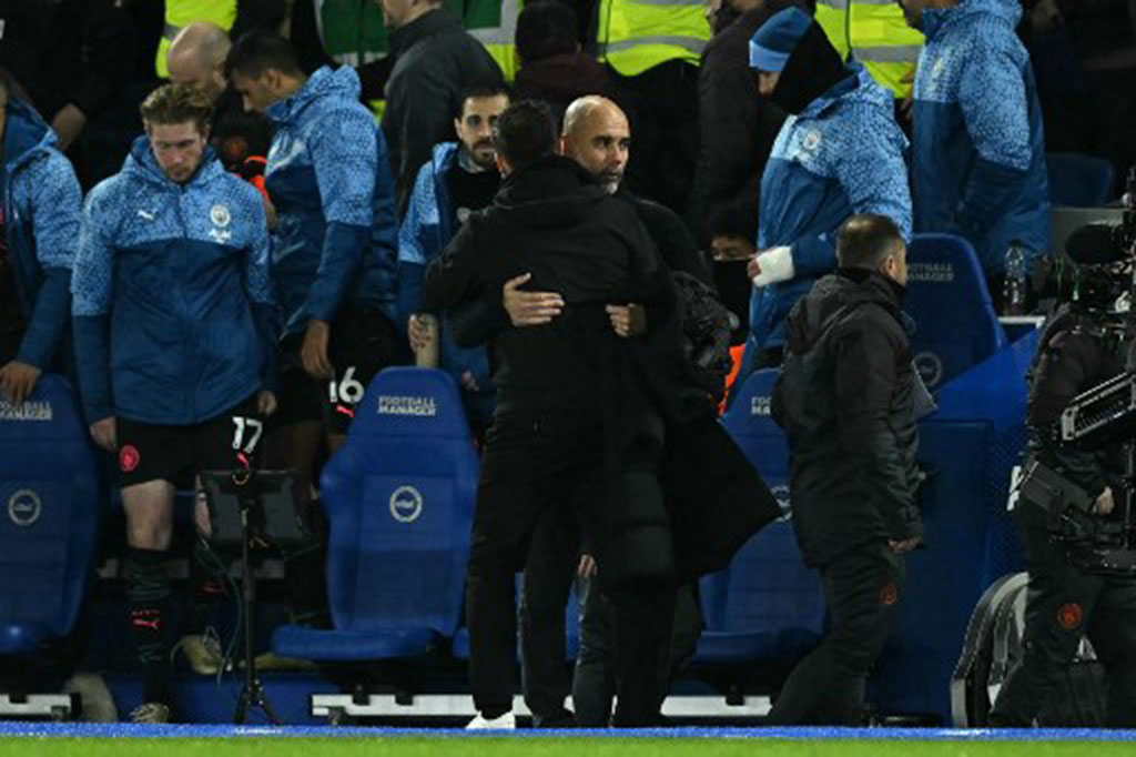 Manchester City menang telak 4-0 saat bertandang ke Brighton & Hove Albion dalam laga tunda pekan ke-29 Liga Premier Inggris di Stadion Falmer pada Jumat, 26 April 2024 dini hari WIB.