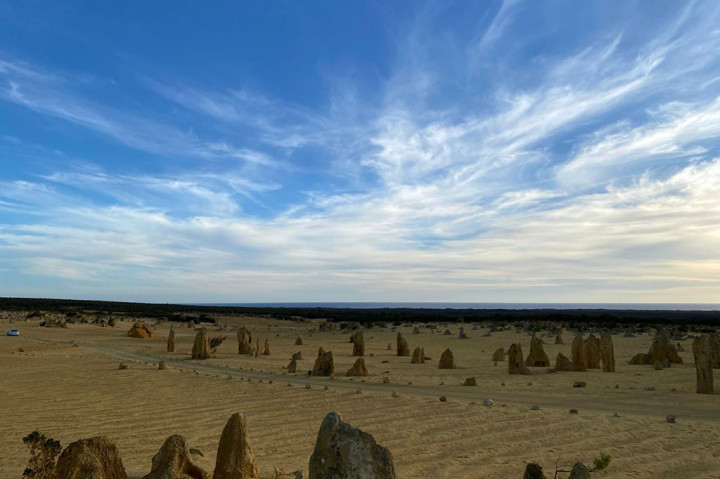 The Pinnacles Desert merupakan hamparan gurun pasir yang dihiasi oleh batu kapur berbentuk pilar-pilar tak beraturan. Sejauh mata memandang, kamu hanya melihat warna kecokelatan. Warna ini terlihat kontras dengan pemandangan pasir putih Lancelin Sand Dunes yang tak jauh dari lokasi.