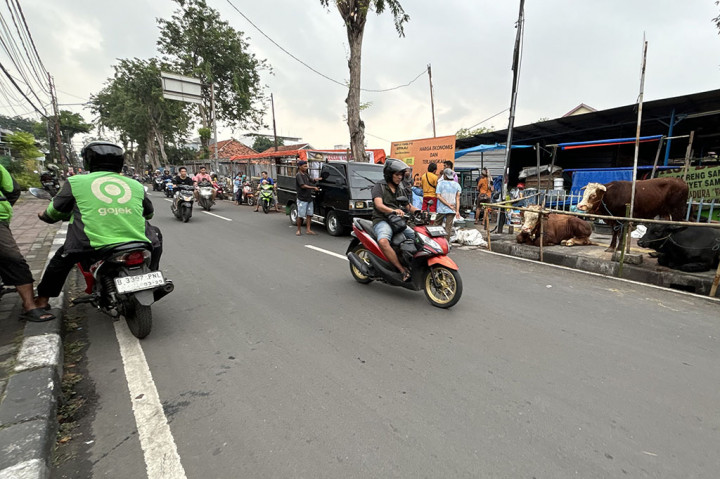 Pejalan kaki di Jalan Kramat Jaya Baru, Kecamatan Johar Baru, Jakarta Pusat keluhkan trotoar berubah jadi tempat dagang hewan kurban. 