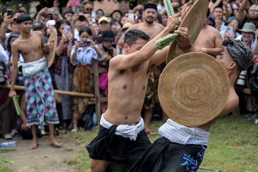Dua warga saling menyerang dengan daun pandan berduri saat mengikuti Tradisi Perang Pandan di Desa Tenganan Pegringsingan, Karangasem, Bali, Rabu, 5 Juni 2024.