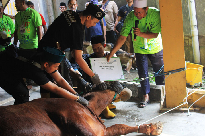 Proses penyembelihan hewan kurban berlangsung di halaman parkir motor, kantor Media Group.
