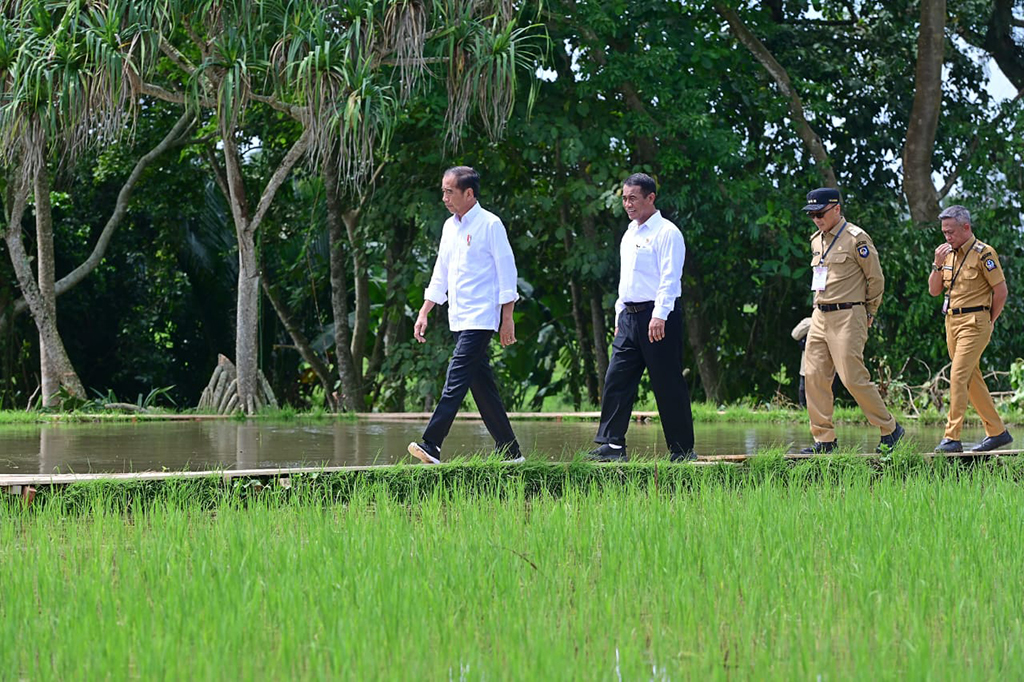 Presiden Joko Widodo didampingi Ibu Iriana Joko Widodo meninjau langsung pelaksanaan pemberian bantuan 300 unit pompa untuk pengairan sawah dan pertanian (pompanisasi) di Desa Jaling, Kabupaten Bone, Provinsi Sulawesi Selatan, pada Kamis, 4 Juli 2024.
