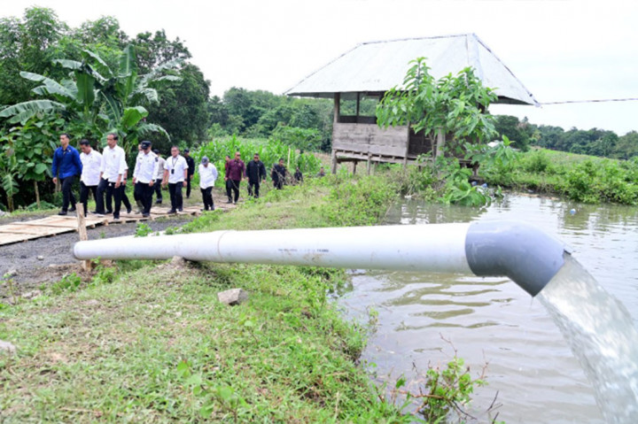 Jokowi dan Ibu Iriana meninjau langsung pelaksanaan pemberian bantuan pompa untuk pengairan sawah dan pertanian, yang dikenal sebagai pompanisasi. Pompanisasi ini diharapkan dapat meningkatkan produktivitas pertanian di daerah tersebut.