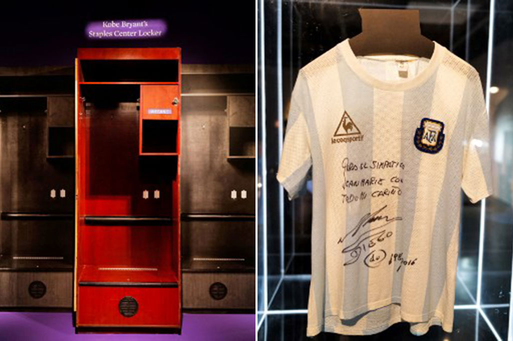 Loker legenda basket Amerika Serikat, Kobe Bryant dan jersei legenda sepak bola Argentina, Diego Maradona dilelang di acara lelang memorabilia yang berlangsung di Sotheby's, New York, Amerika Serikat.
