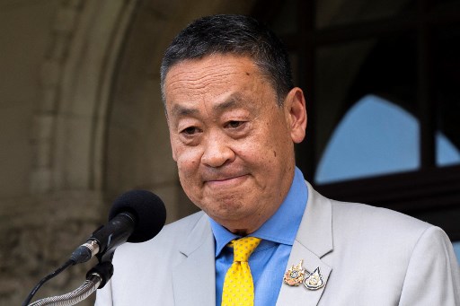 Ekspresi mantan Perdana Menteri Thailand Srettha Thavisin saat berbicara di media setelah Mahkamah Konstitusi memutuskan untuk mencopotnya sebagai PM, di Government House, Bangkok, Rabu, 14 Agustus 2024.