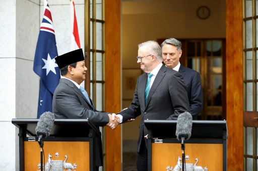 Menteri Pertahanan RI Prabowo Subianto dan Perdana Menteri Australia Anthony Albanese di Canberra, Australia, Selasa, 20 Agustus 2024, mengumumkan rampungnya perundingan perjanjian pertahanan (DCA) yang baru antara RI-Australia.