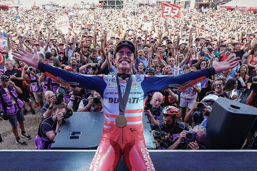 Pembalap Gresini Racing Marc Marquez menyempurnakan posisi pole dengan merebut kemenangan balapan Sprint pada rangkaian Grand Prix Aragon di Sirkuit MotorLand Aragon, Spanyol, Sabtu, 31 Agustus 2024.