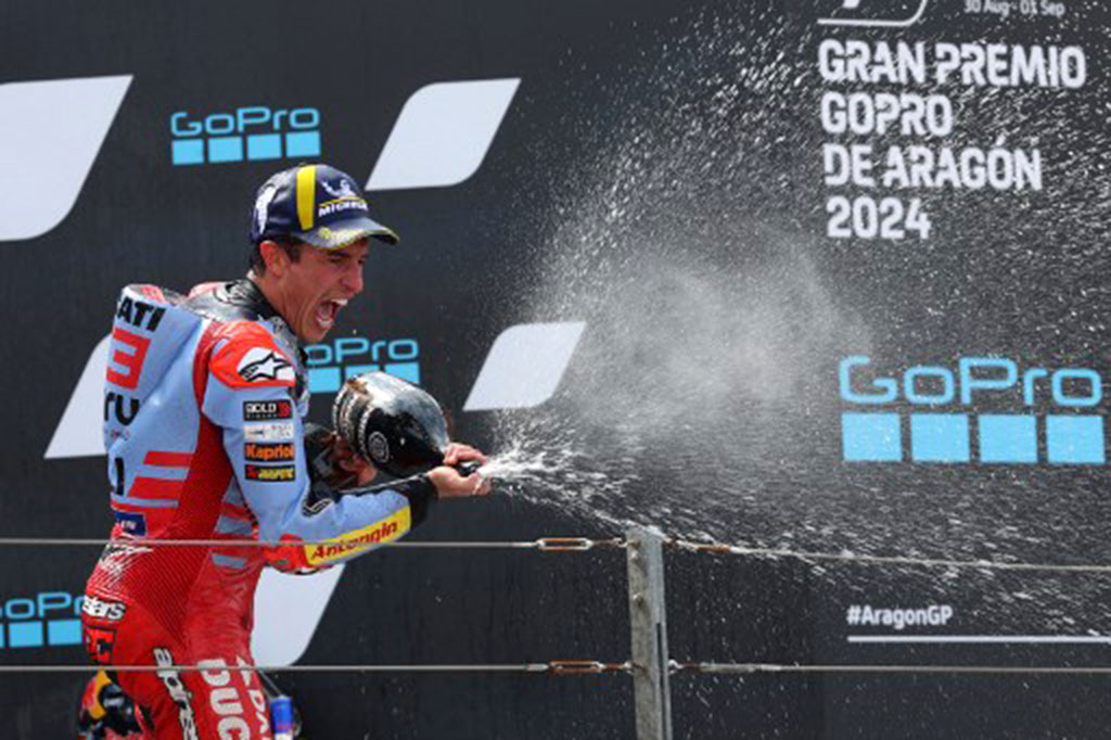 Pembalap Gresini Racing Marc Marquez menyegel kemenangan perdana musim ini usai menjadi yang tercepat di seri balapan MotoGP Aragon 2024.
