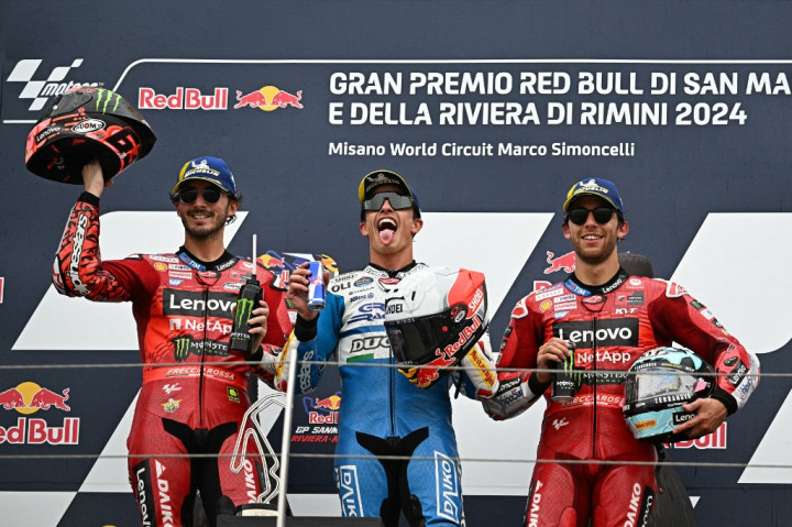Juara dunia delapan kali Marc Marquez (Gresini Racing) kembali membuat kejutan dan meraih kemenangan balapan utama Grand Prix San Marino di Sirkuit Misano, Italia, Minggu, 8 September 2024.