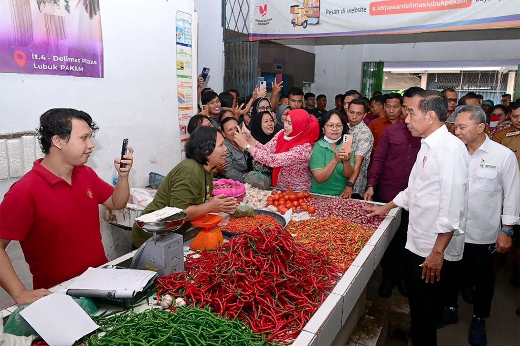 Presiden Joko Widodo mengunjungi Delimas Pasar Raya Lubuk Pakam, Kabupaten Deli Serdang, Selasa, 10 September 2024. Dalam kunjungannya, Presiden mengecek stabilitas harga bahan pokok dan memberikan sejumlah bantuan kepada para pedagang.