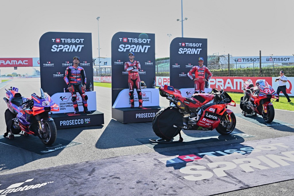 Pebalap Ducati, Francesco Bagnaia sukses memenangi balapan Sprint Race MotoGP Emilia Romagna yang berlangsung Sabtu, 21 September 2024 di Sirkuit Misano World Marco Simoncelli, Misano Adriatico, Italia. 