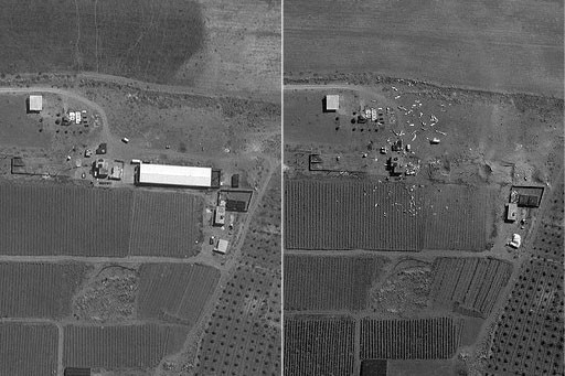Kombinasi dari gambar satelit yang dirilis oleh Maxar Technologies pada Kamis, 26 September 2024 menunjukkan suatu wilayah di Lebanon sebelum (kiri) dan setelah serangan Israel.