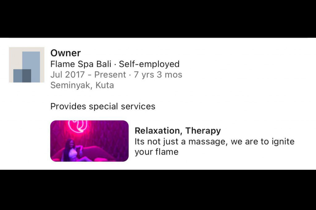 Tidak hanya sebagai Komisaris, namun dalam profil Linkedinnya yang kini telah dikunci, Sarnanitha mencantumkan status bahwa dirinya juga sebagai Owner Flame Spa.