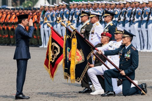 Presiden Joko Widodo (Jokowi) menjadi inspektur upacara perayaan HUT TNI Ke-79 RI, di kawasan Monas, Jakarta Pusat, Sabtu, 5 Oktober 2024.