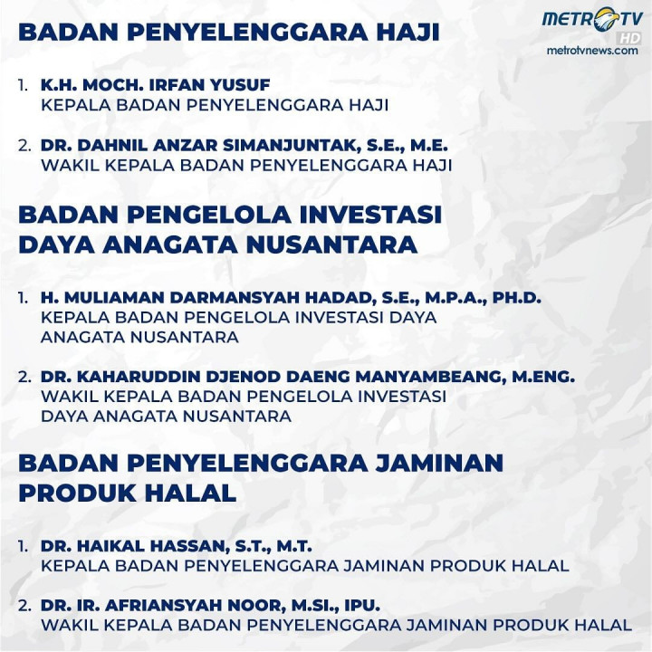 Daftar Kepala Badan dan Penasihat Khusus Presiden Prabowo