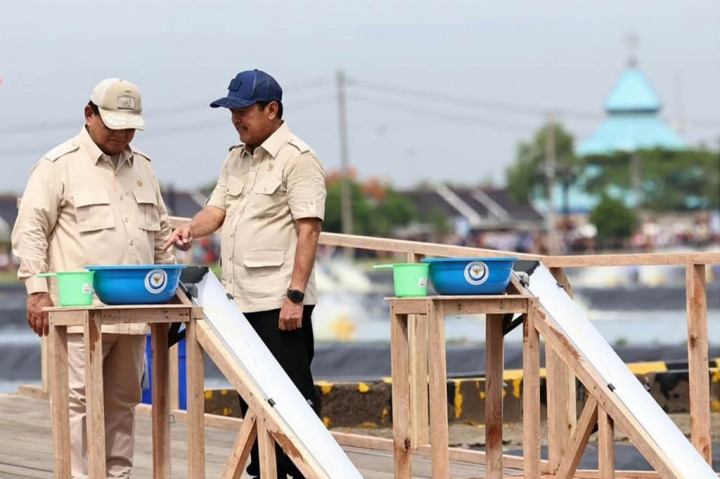 Presiden Prabowo Subianto didampingi Menteri Kelautan dan Perikanan Sakti Wahyu Trenggono menebar benih ikan nila salin di fasilitas Modeling Kawasan Tambak Budi Daya Ikan Nila Salin (BINS) di kawasan Balai Layanan Usaha Produksi Perikanan Budidaya (BLUPPB), Karawang, Jawa Barat.