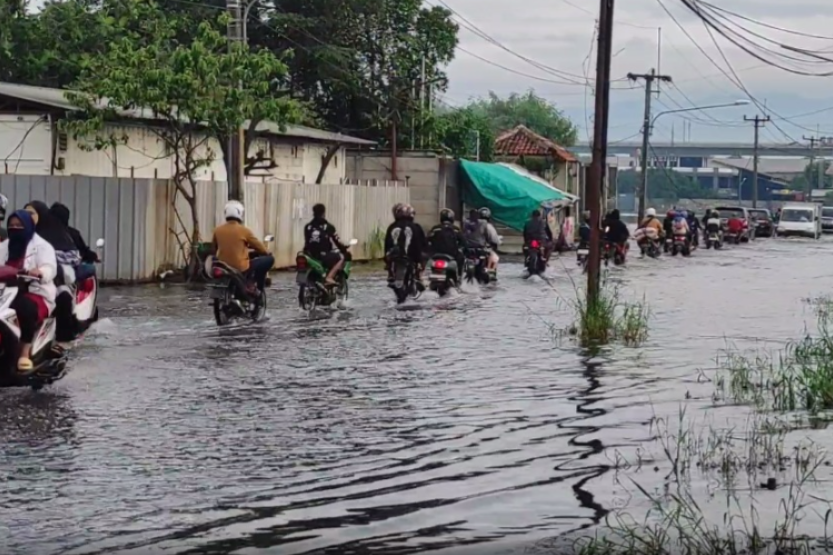 Banjir dengan ketinggian 50 cm masih menggenangi jalan alternatif penghubung antara Kota dan Kabupaten Bandung di kawasan Sapan, Selasa, 3 Desember 2024. Aktivitas warga maupun buruh pabrik pun belum sepenuhnya normal. 