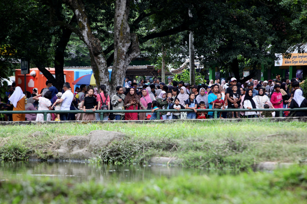 Pengunjung memenuhi seputaran kandang Gajah di Taman Margasatwa Ragunan (TMR), Jakarta, Rabu, 1 Januari 2025.