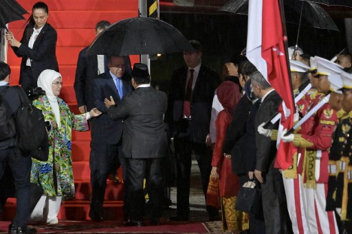 Prabowo menyambut hangat Presiden Erdogan dengan bersalaman, serta mencium pipi kanan-kiri. Erdogan kemudian berbagi payung dengan Prabowo.