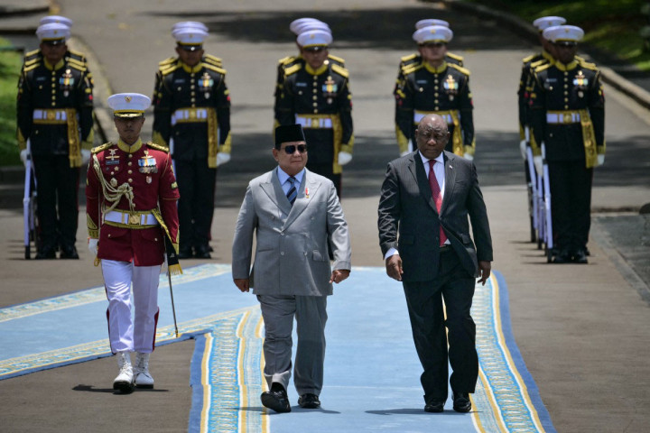 Presiden RI Prabowo Subianto menerima kunjungan kenegaraan Presiden Afrika Selatan Matamela Cyril Ramaphosa di Istana Merdeka Jakarta, Rabu, 22 Oktober 2025.