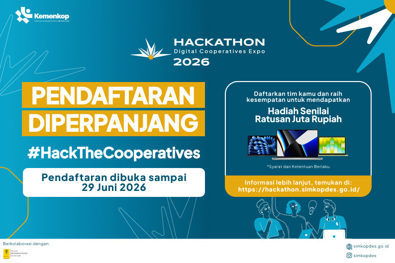 Kementerian Koperasi (Kemenkop) memperpanjang masa pendaftaran Hackathon Digital Cooperative Expo 2026 hingga 29 Juni 2026.